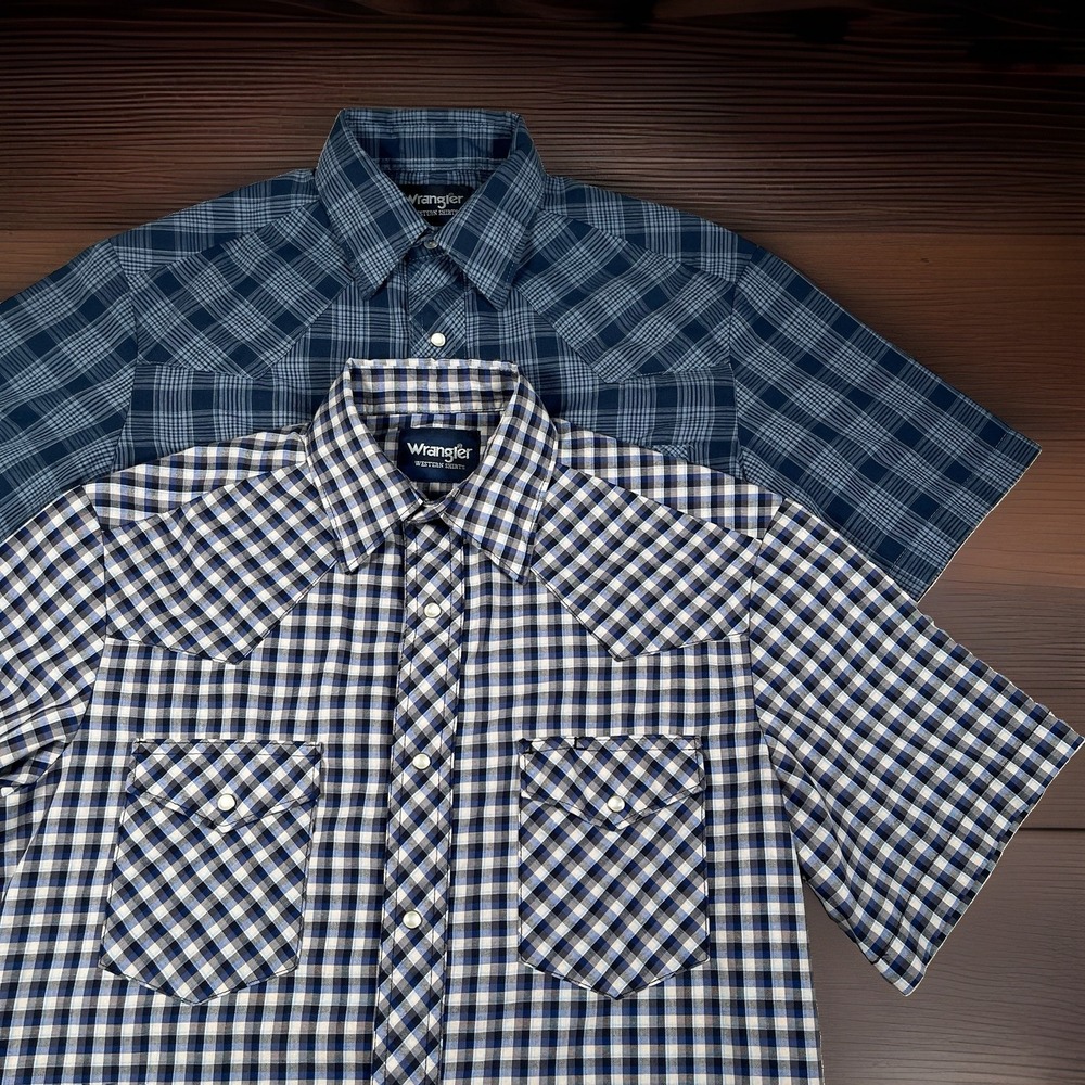 Lot of 2 Wrangler Western Shirts Mens Small Short Sleeve Pearl Snap Plaid Blue